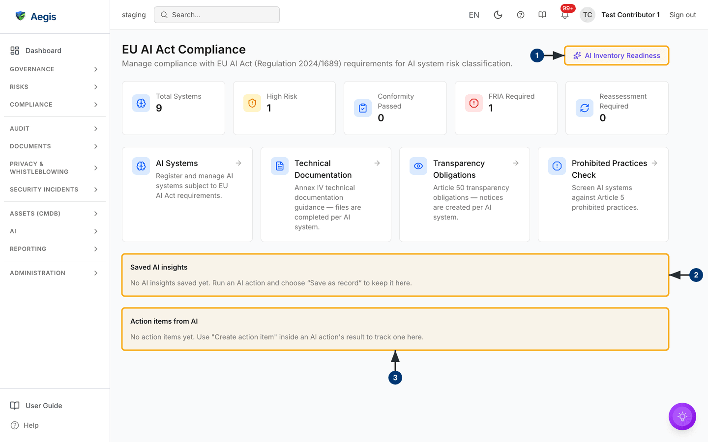 The EU AI Act module home on a tenant with nothing registered yet — /compliance/eu-ai-act.