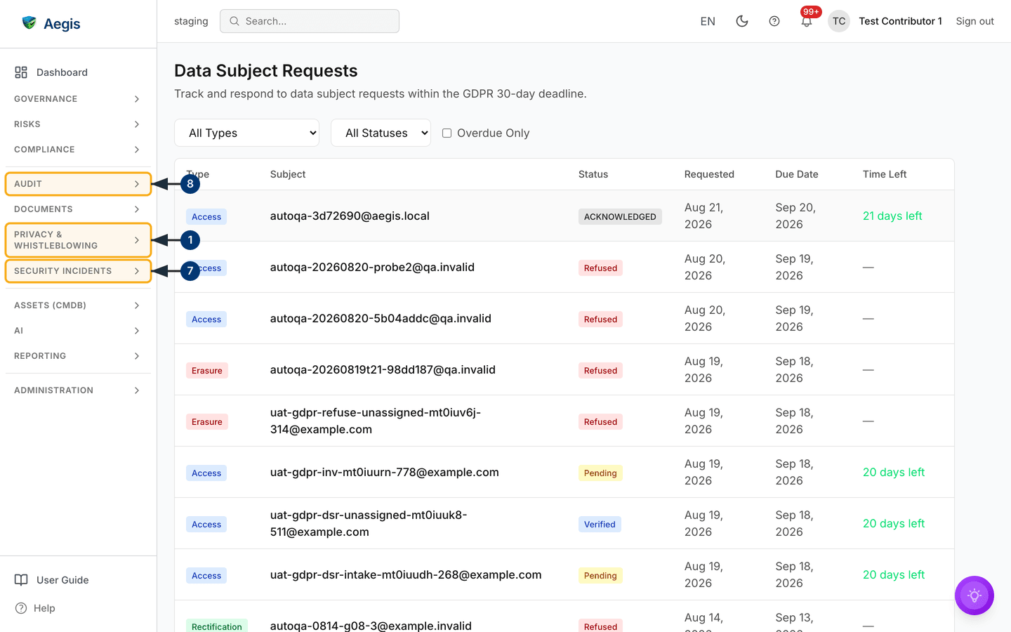 The DSR queue the request must reach — type, status, due date and the Time Left countdown — /gdpr/dsr.