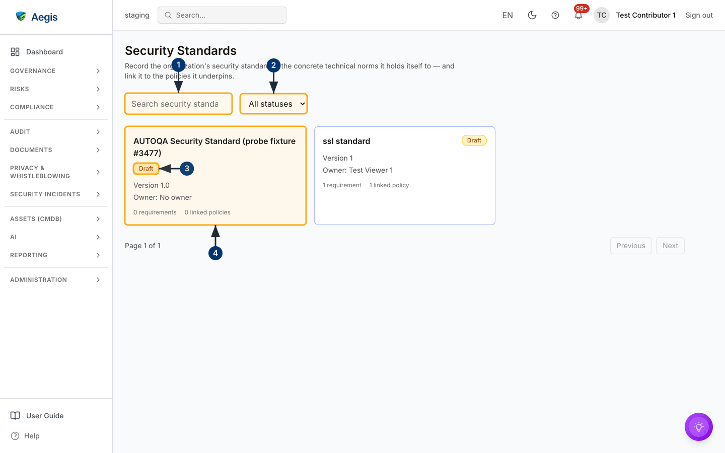 Security standards — search, status filter, and a draft standard card. /security-standards.